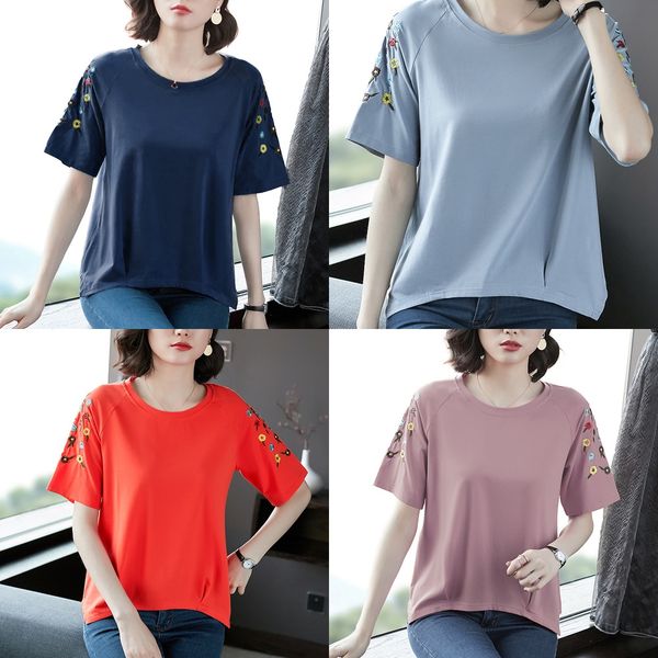 

uukip loose embroidered short-sleeved t- women's fashionable mom's t-shirt scarf scarf small shirt 2020 summer korean style large, White