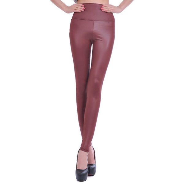 

womens faux leather look high waist leggings casual pants wine red, Black