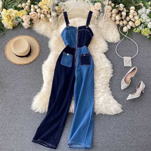 

summer denim overalls women fashion patchwork jumpsuits zipper sleeveless rompers suspenders jeans female loose long trousers, Black;white