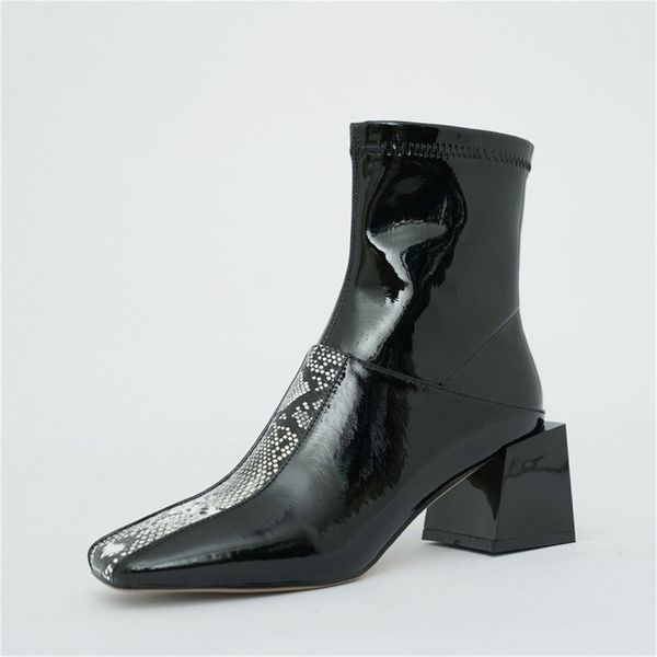 

punk mixed colors genuine leather women ankle boots fashion winter high heels pumps party dress shoes woman, Black