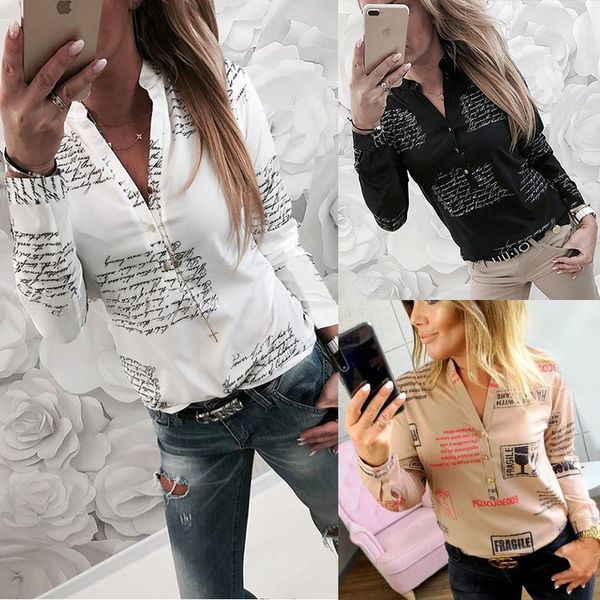 

women's long sleeve button print spring new shirt, Blue