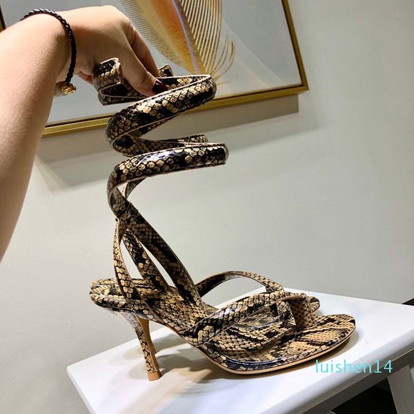 

new shoes woman summer ankle strap spiral sandals , python-printed calf leather fashion party dress high heels l14, Black