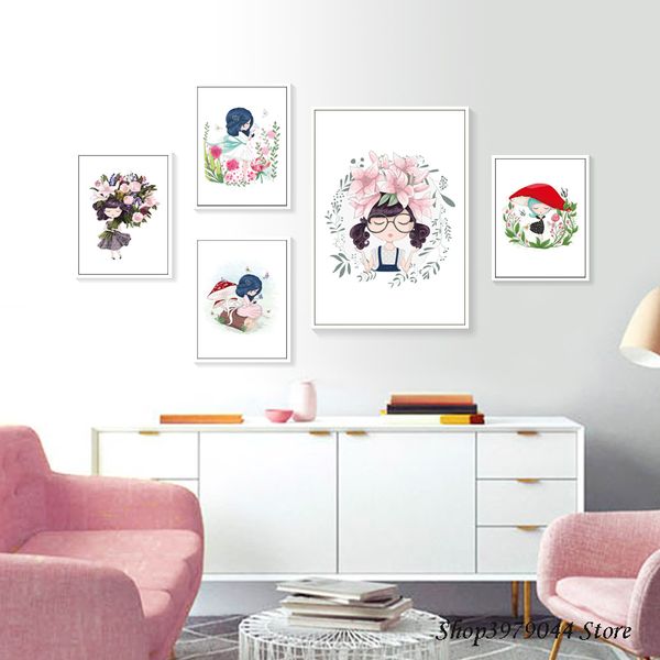 

quadro cartoon girl wall poster nordic pink posters and prints flowes wall art canvas painting baby room decor quadri unframed