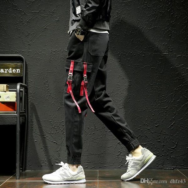 

tyw fashion men's pants pocket men cool hiphop joggers pants plus size trousers men belt women streetwear, Black