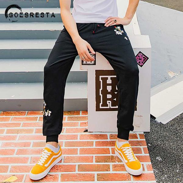 

casual fashion black pants men chinese style plum blossom embroidery cotton streetwear joggers sweatpants 2020 new men pants