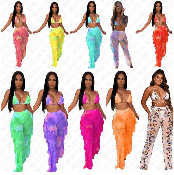 

tie dye color women designer mesh swimsuit digital print swimwear push up bra halter + pants 2 piece bikini set tankinis d7614, White
