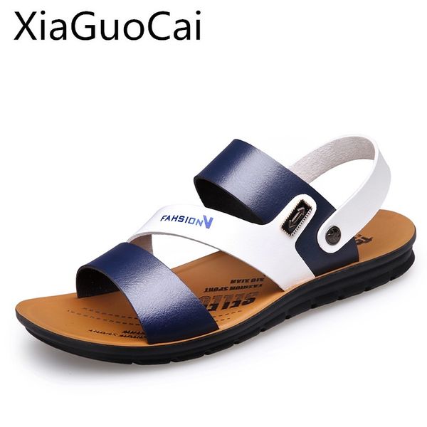 

men's sandals summer anti-skid leisure beach flat sandals outdoor slip-on leather shoes for male soft bottom mx200617, Black