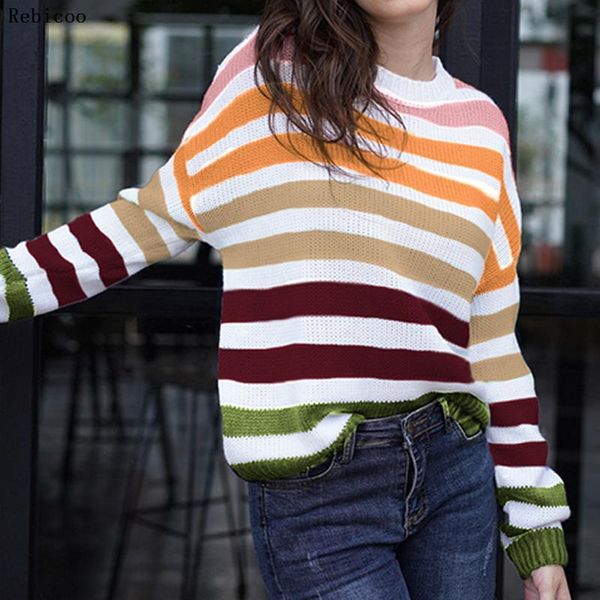 

women oversized rainbow stripes sweater batwing sleeves knitted pullover sweater jumpers knit clothing print round neck, White;black