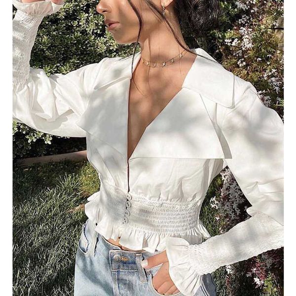 

7.24 designer women's new sweet lapel elastic waist lantern puff sleeve short shirt solid color ruffles ruched blouse, White