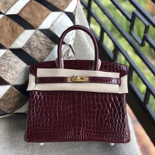 

whosale crocodile leather burgundy brand handbag,fully handmade with wax thread,gold and silver hardware,by order, fast delivery