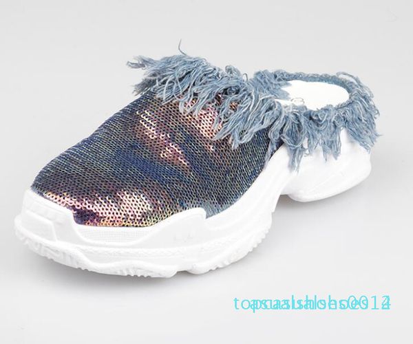 

women summer slippers classic sequined denim tassel thick bottom increase fashion brand current ladies beach increase slippers c14, Black