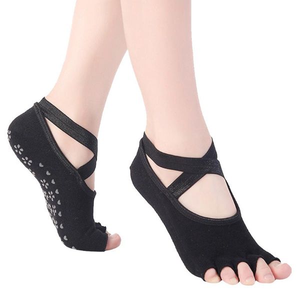 

балет фитнес с открытым носком профессиональный танец сплошной крест ремень non скольжения женщины йога носки полов взрослые повседневный пи, Black