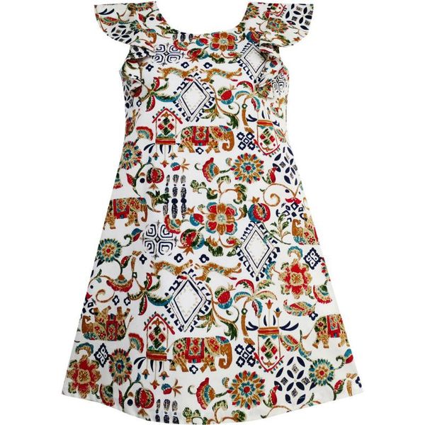 

girls dress traditional hand drawing elephant tree cotton 2020 summer princess wedding party dresses kids clothes size 7-14, Red;yellow