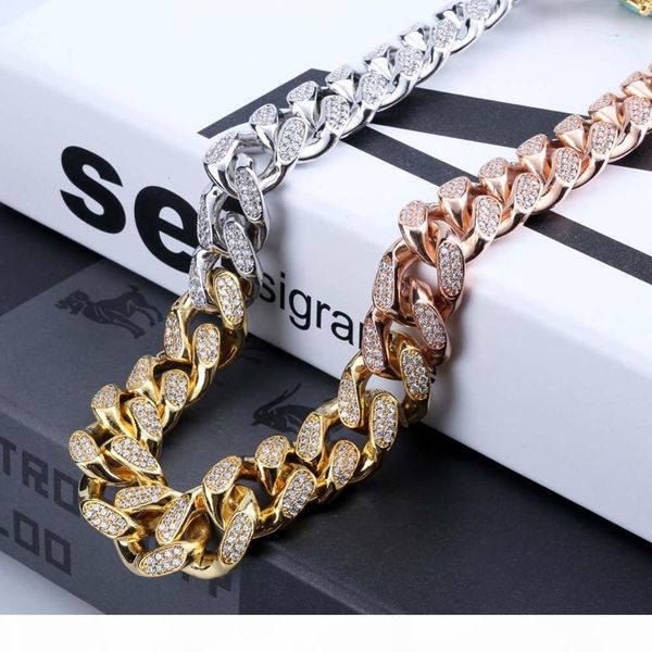 

12mm finish men's heavy iced zircon tricolor cuban link necklace set choker bling hip hop jewelry gold silver rose gold chain