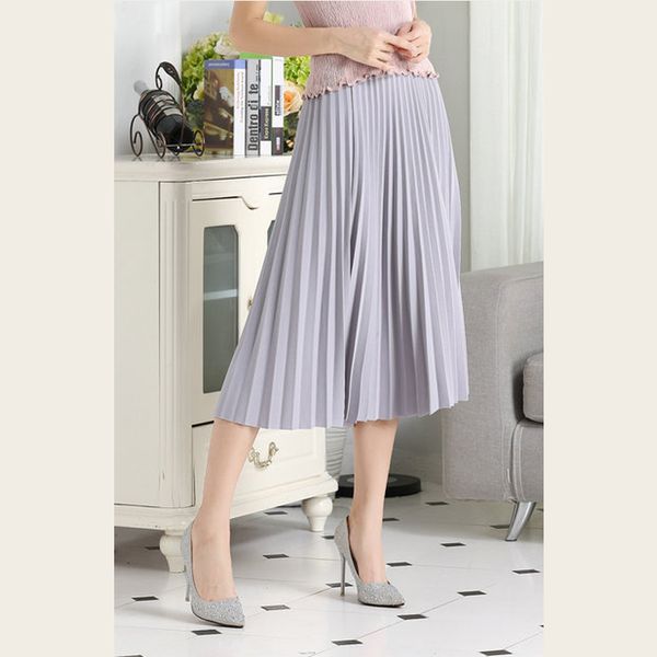 

shyloli new fashion summer chiffon sweet style skirt women high waist pleated solid color skirt elegant mid-calf elastic, Black