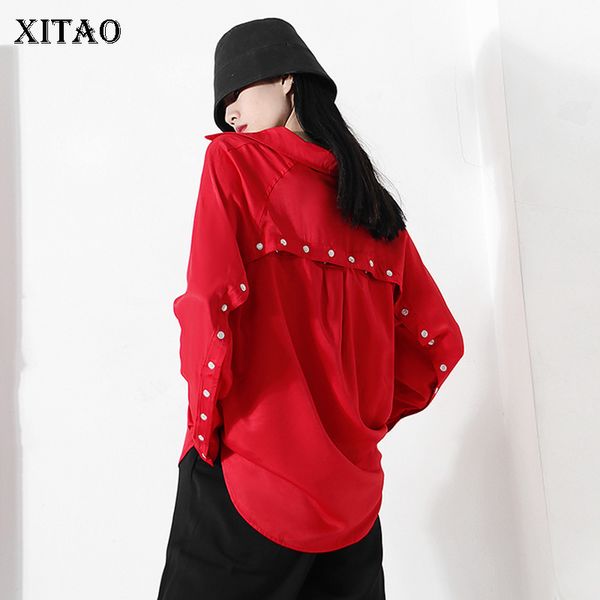

xitao button pocket hollow out red blouse women 2020 autumn tide fashion new turn down collar long sleeve personality zp1727, White