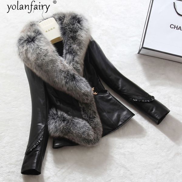 

women's leather & faux real fur collar sheepskin down coat female genuine jacket women autumn winter jackets plus size parka 2021 x-556, Black