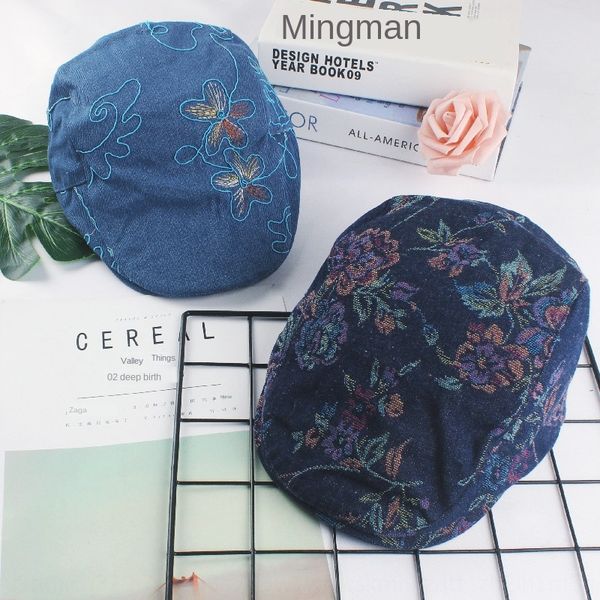 

washed denim women's hat beret beret autumn cotton forward cap british printed women's hat fashionable cap, Blue;gray