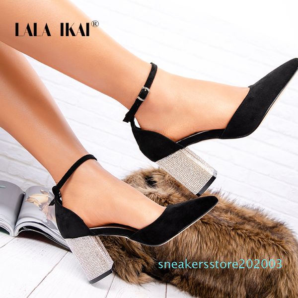 

lala ikai wedding woman 2020 pointed toe square crystal bling high heels shoes buckle shallow sandal party pumps s03, Black