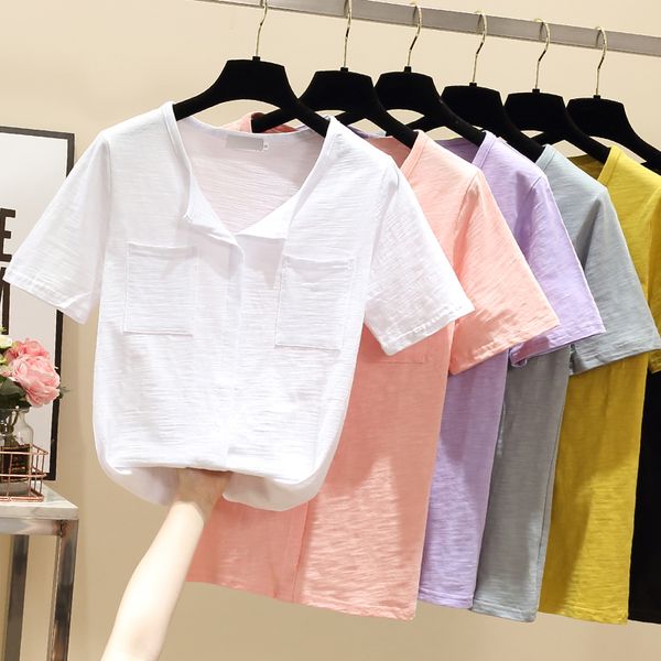 

t shirt women v-neck short sleeve 2020 new pocket tee shirts femme casual female short sleeves pink tshirt clothes, White
