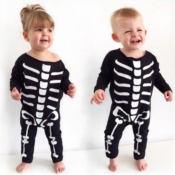 

2020 boys and girls clothing halloween boys and girls bone print long sleeve jumpsuit new arrival, White