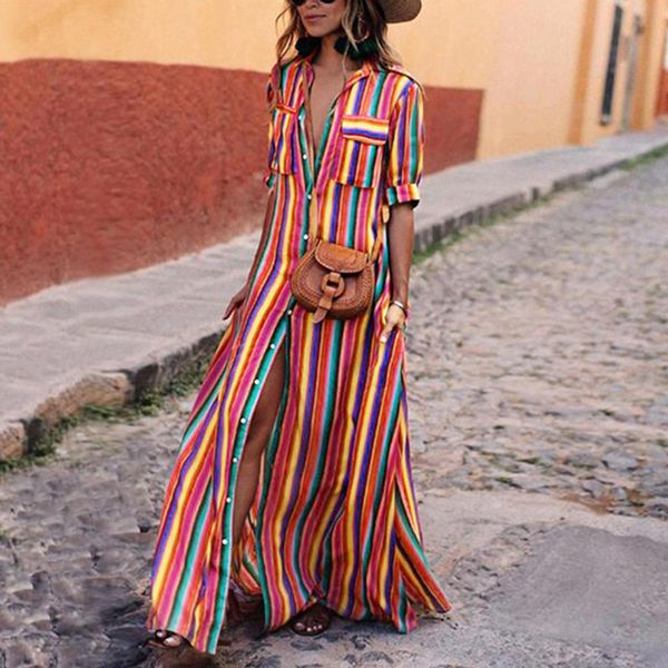 

vintage women maxi dress striped retro boho style 2020 spring autumn long shirt dress elegant female party plus size 3xl, Black;gray