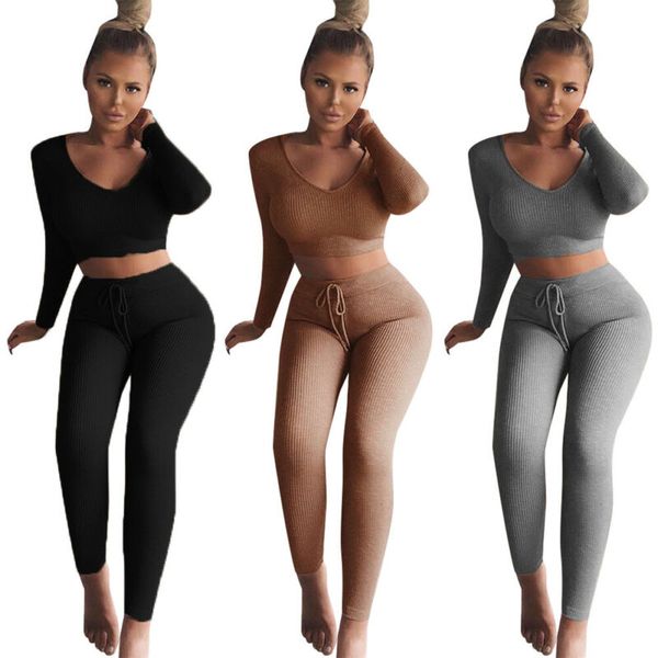 

hirigin stylish women new long sleeve v neck solid color drawstring skinny crop high waist pants 2pcs, White