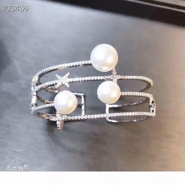 

luxury classic designer copper with 14k gold plated full crystal three layers white pearl open bangle for women jewelry, Black
