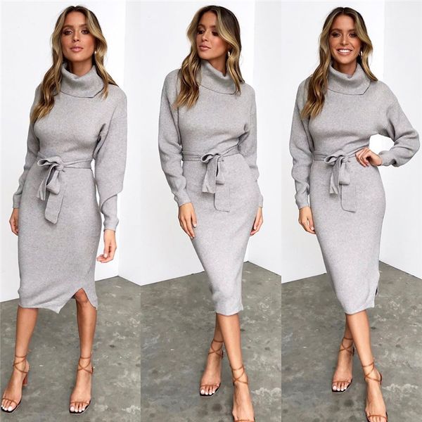 

autumn winter long sleeve work dress fashion turtleneck lace up loose shirt dress casual solid ladies dresses vestidos