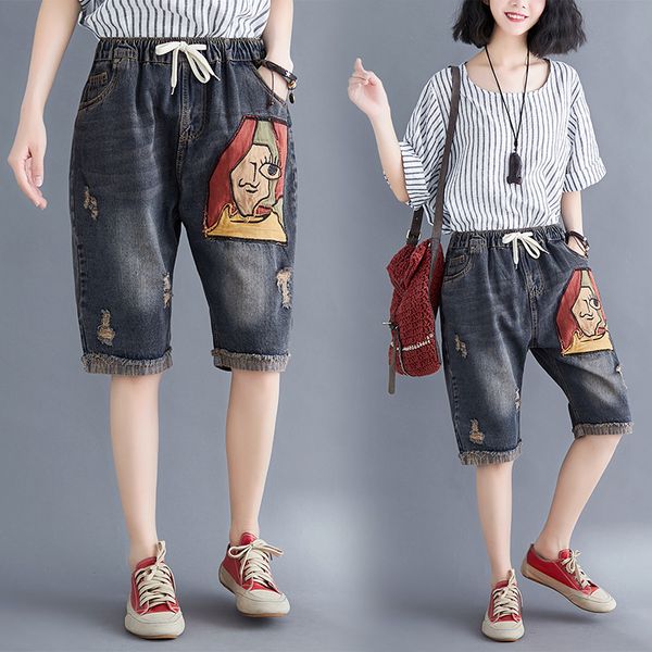 

women's shorts women summer folk style elastic waist abstract painting patchwork oversized half length denim short office lady casual, White;black