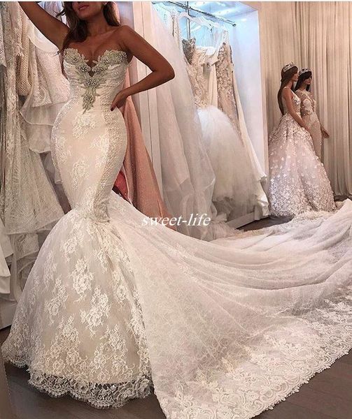 

luxury plus size lace mermaid wedding dresses crystals corset back 2021 vintage sweetheart bridal dress sheer wedding gowns, White