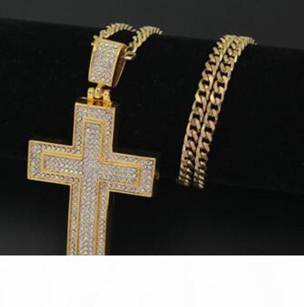 

14k gold hip-hop lab diamond miami cuban chain rules double cross pendant necklace, Silver