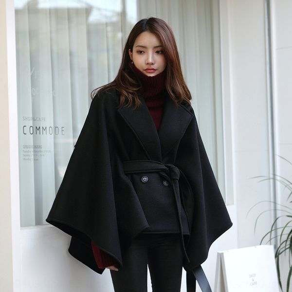 

woolen women's winter 200kg new woolen mid-length loose cape coat lace-up cape thickened coat, Black