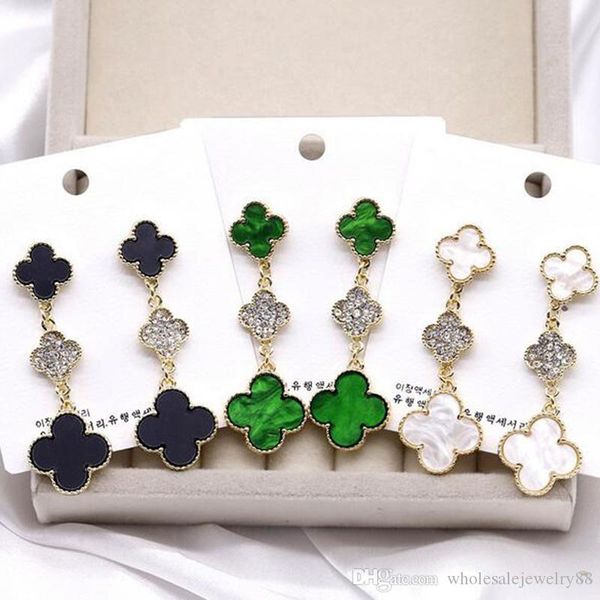 

wholesale new 3 colors four leaf clover earrings long tassel dangle drop earring women girl crystal enamel earring jewelry accessoriy, Gray