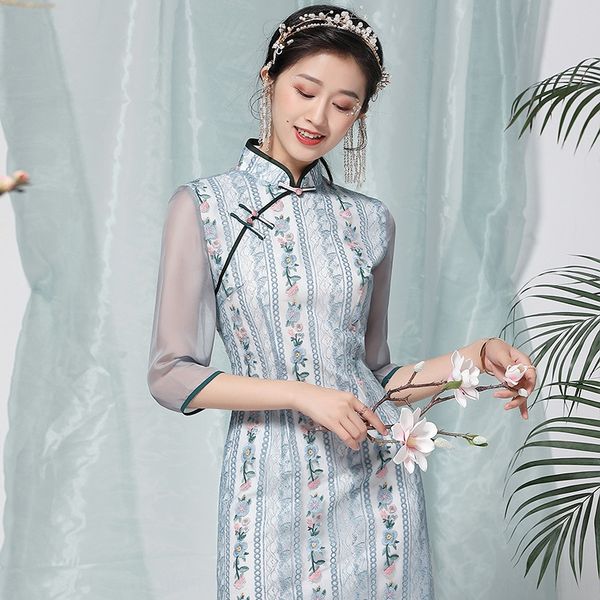 

sincerely recruit chinese style elegant women's clothing 2020 new lace embroidered dress 20155 lace cheongsam dress cheongsam, Black;gray
