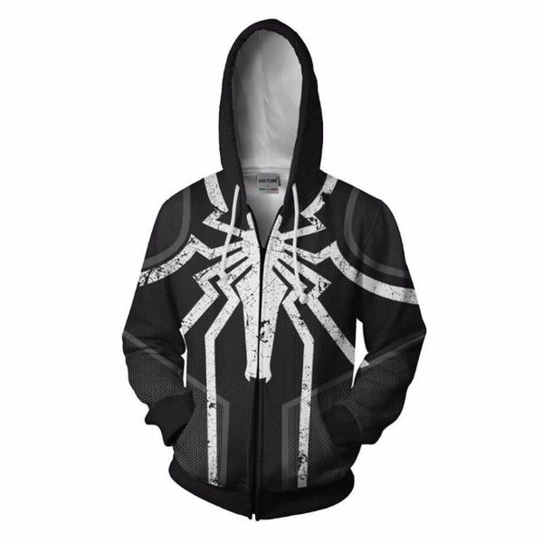 

2020 new men hooded agent venom 3d printed hoodies zipper hoodie hooded hip hop agent venom zip up hoodie v2, Black
