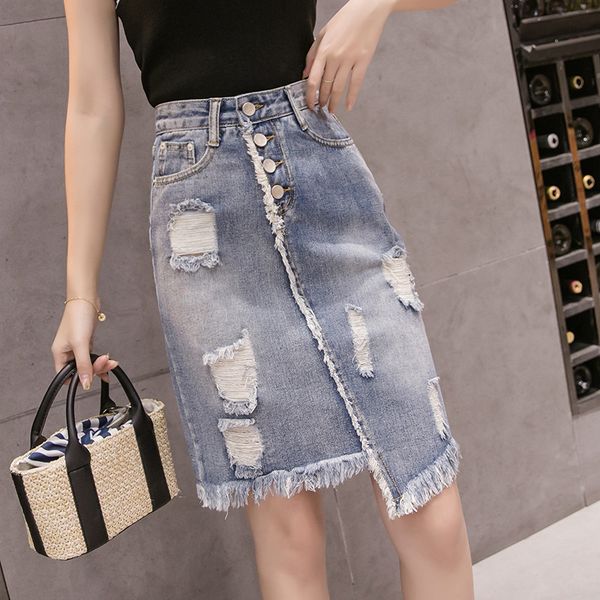

lguc.h ripped jeans skirt torn denim skirt irregular high waist summer midi skirts women fashion 2020 jupe jean femme blue, Black