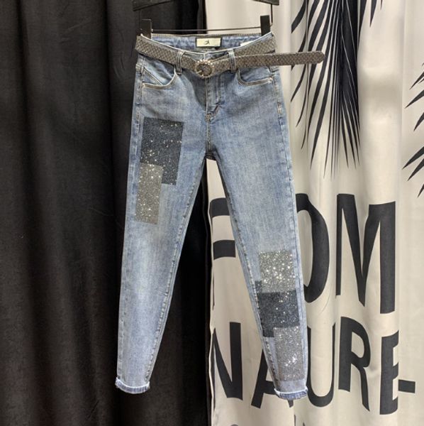 

high-waist jeans women stretch slim-fit denim jeans women's 2020 spring new sequined rhinestone drill pencil pants, Blue