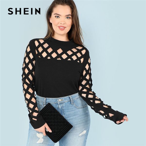 

shein black square cutout long sleeve stand collar women plus size t shirt spring autumn office lady casual solid tees, White