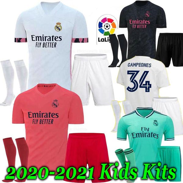 

20 21 kids kits real madrid football jersey benzema jovic modric sergio ramos kroos hazard 2020 2021 child kids kit sports soccer shirts, Black