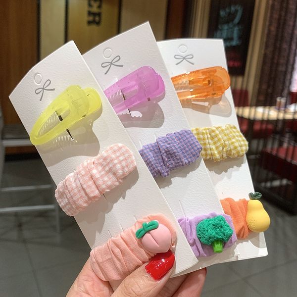 

cute girl color fabric plaid square acrylic bb clip clip set three-piece hair accessories fruit fruit, Slivery;white