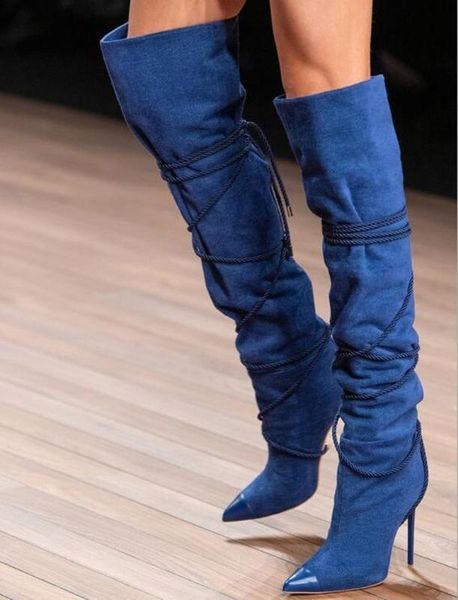 

stylish blue denim over the knee boots cross strap lace-up jean tight high boots pointed toe thin heels party dress shoes, Black