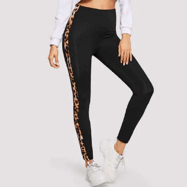 

black elegant modern lady solid striped plaid side leopard print leggings 2020 autumn highstreet women pants trousers
