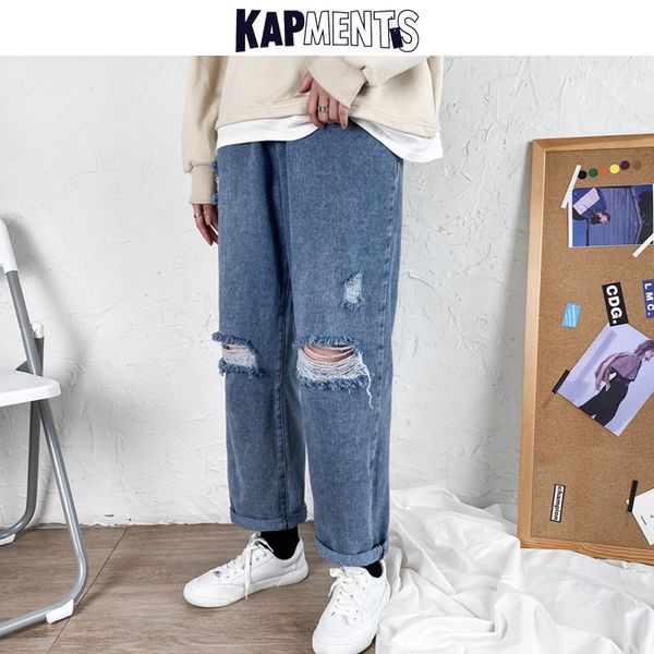 

kapments vintage streetwear hole jeans for men 2020 new mens harajuku baggy denim pants male homme kpop high waisted harem jeans, Blue