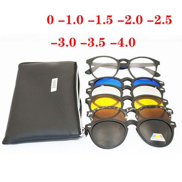 

rivets polarized sunglasses round frame finished myopia eyewear optical eyeglasses magnet 5 clip sunglasses myopia glasses 2205, Black