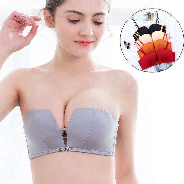 

bras for women push up bra seamless bralette deep-v brassiere invisible strapless wire square cup underwear #d, Red;black