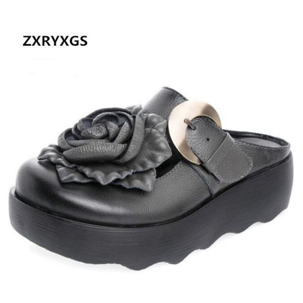 

zxryxgs brand shoes flower fashion sandals slippers women shoes full genuine leather sandals platform summer women, Black