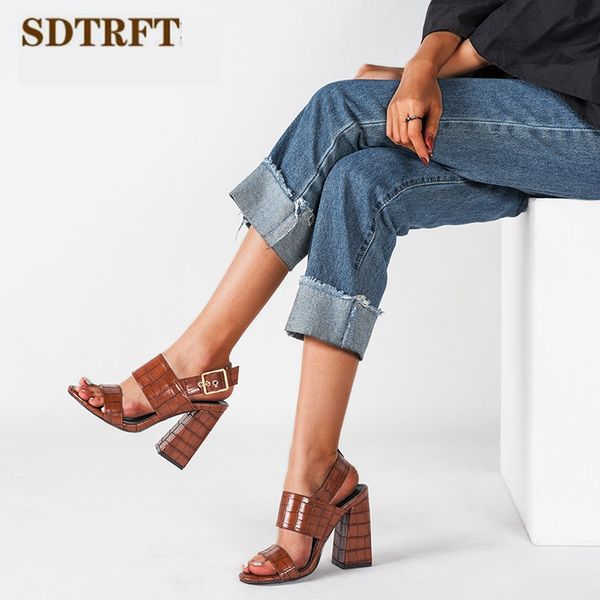 

sdtrft brand 2020 summer sandals 11cm thick high heels open toe buckle pumps women's narrow band shoes femmes sandale, Black