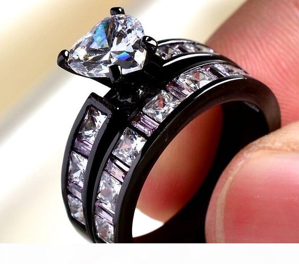 

i 2016 new arrival women 's jewelry 10kt black gold filled sapphire simulated diamond wedding engagement heart band ring set gift, Slivery;golden