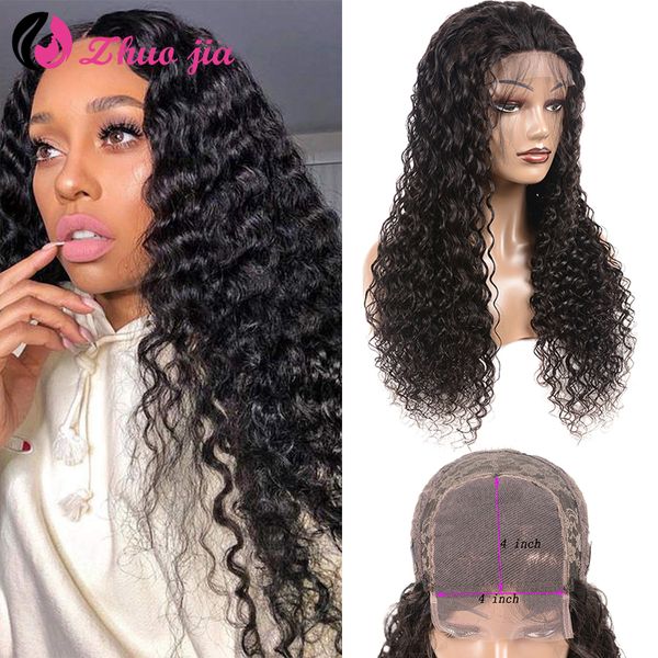 

zhuo jia deep curly lace front human hair wigs pre plucked 8-28 inch 4x4 brazilian remy hair wavy lace frontal wigs for women, Black